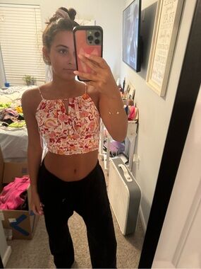 Japna Pink & Orange Floral Halter Crop Top